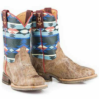 Kid's Tin Haul handcrafted brown Aztec boots with bull skull sole and square toe design