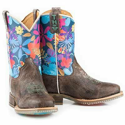 Kid's Tin Haul Boots with printed daisies and tan leather, handcrafted with square toe and walking heel