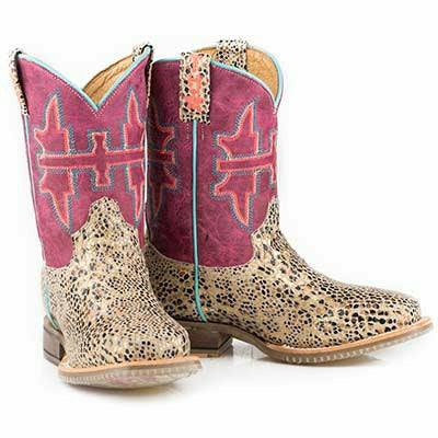 Kid's Tin Haul handcrafted tan cat boots with shiny metallic cheetah sole and pink shaft for kids
