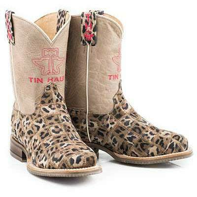 Kid's Tin Haul Wild Patch Boots tan with cheetah sole and square toe