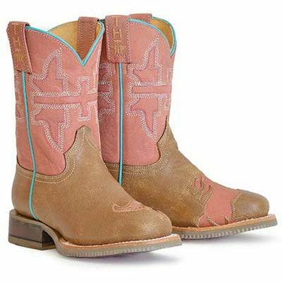 Kid's Tin Haul handcrafted brown split horse boots with square toe and pink shaft