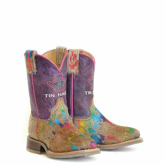 Kid's Tin Haul handcrafted brown boots with colorful spots and purple crackled shaft