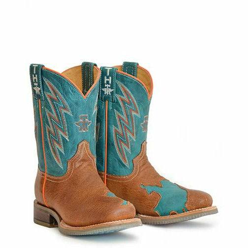 Kid's Tin Haul handcrafted tan bullrider boots with turquoise shaft and square toe