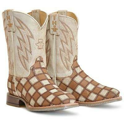 Kid's Tin Haul Boots handcrafted tan square toe cowboy boots with distressed white patchwork and emoji sole