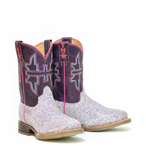 Kid's Tin Haul colorful handcrafted boots with square toe and burnish purple shaft