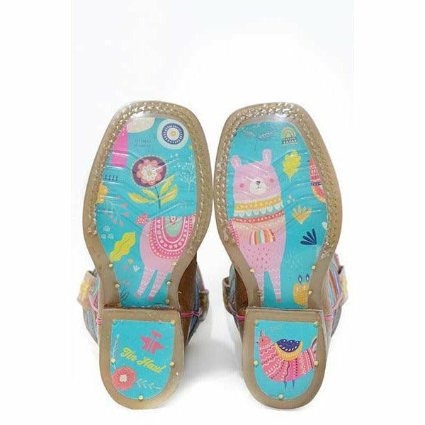 Kid's Tin Haul Serape boots with llama sole, handcrafted brown square toe design