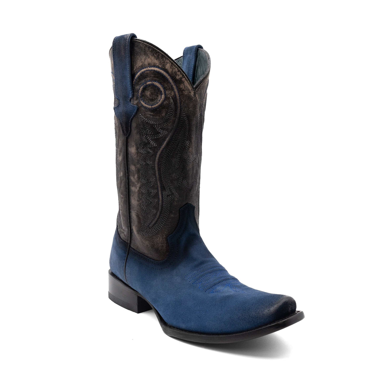 Men's Ferrini Roughrider leather boots in electric blue with narrow square toe and 1.5-inch block heel