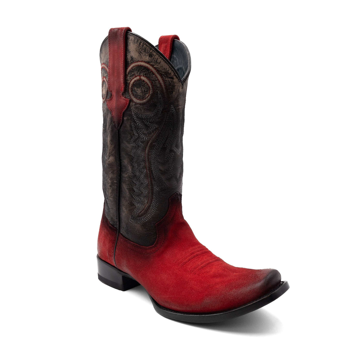Men's red Ferrini Roughrider handcrafted leather boots with narrow square toe and 1.5" block heel