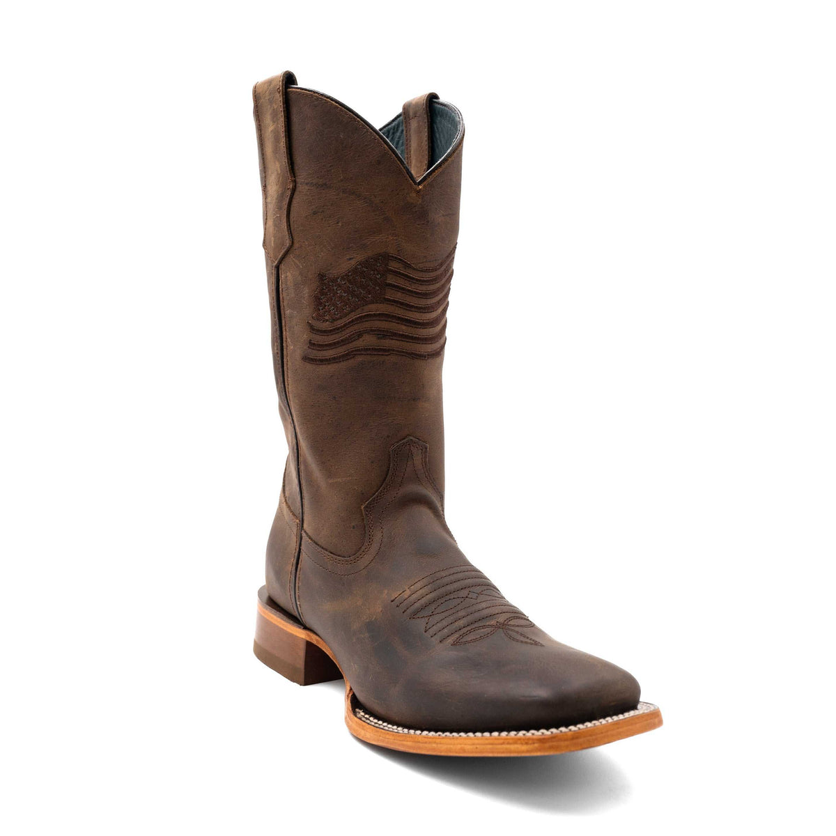 Men's Ferrini Patriot Leather Boots in chocolate with handcrafted square toe and leather outsole