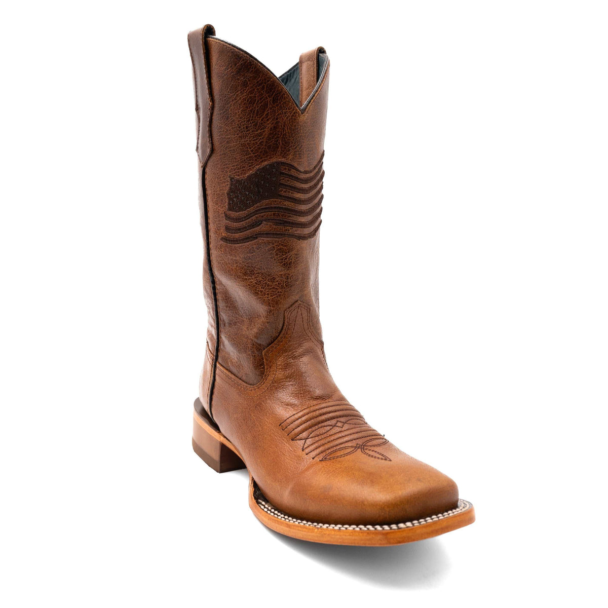Men's handcrafted Ferrini Patriot leather boots in honey color with square toe and 1.5-inch block heel