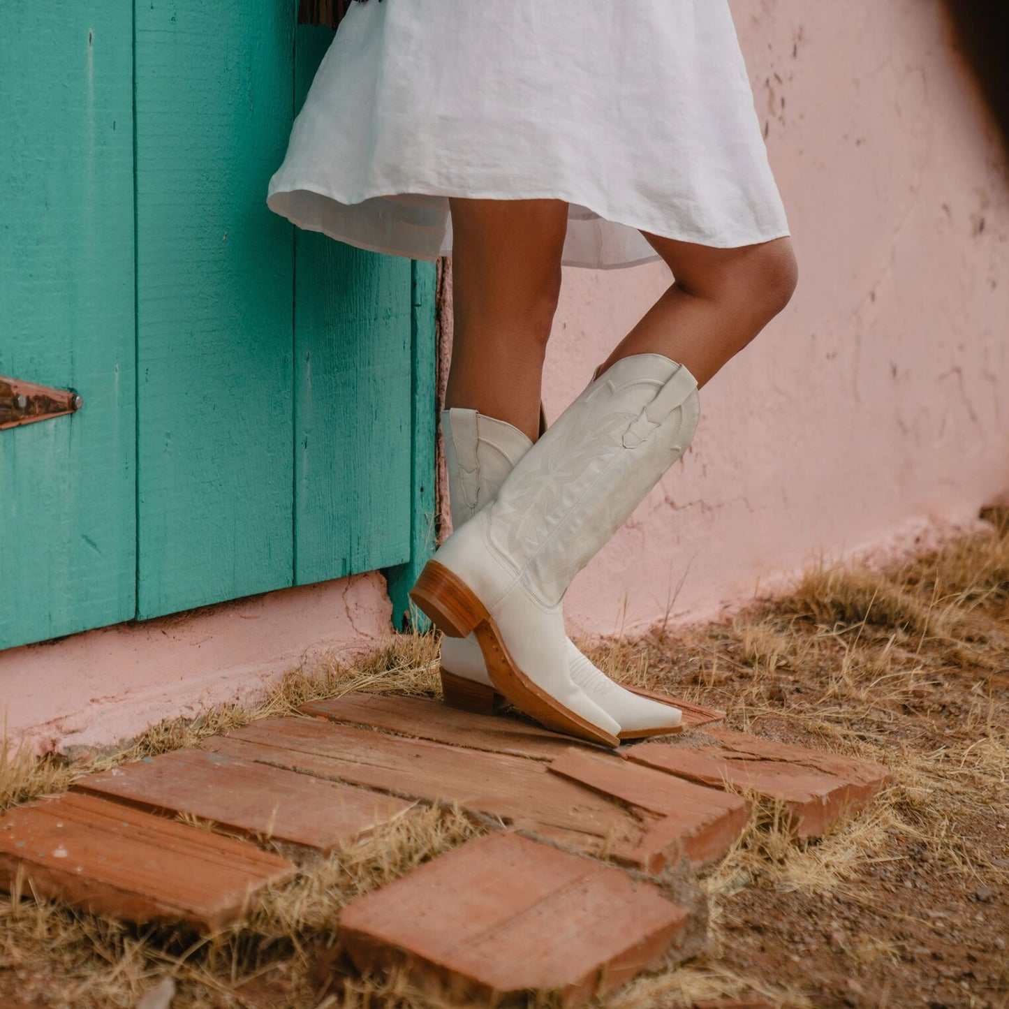Women's Stetson Casey white leather snip toe boots with 13" embroidered shaft and stacked heel