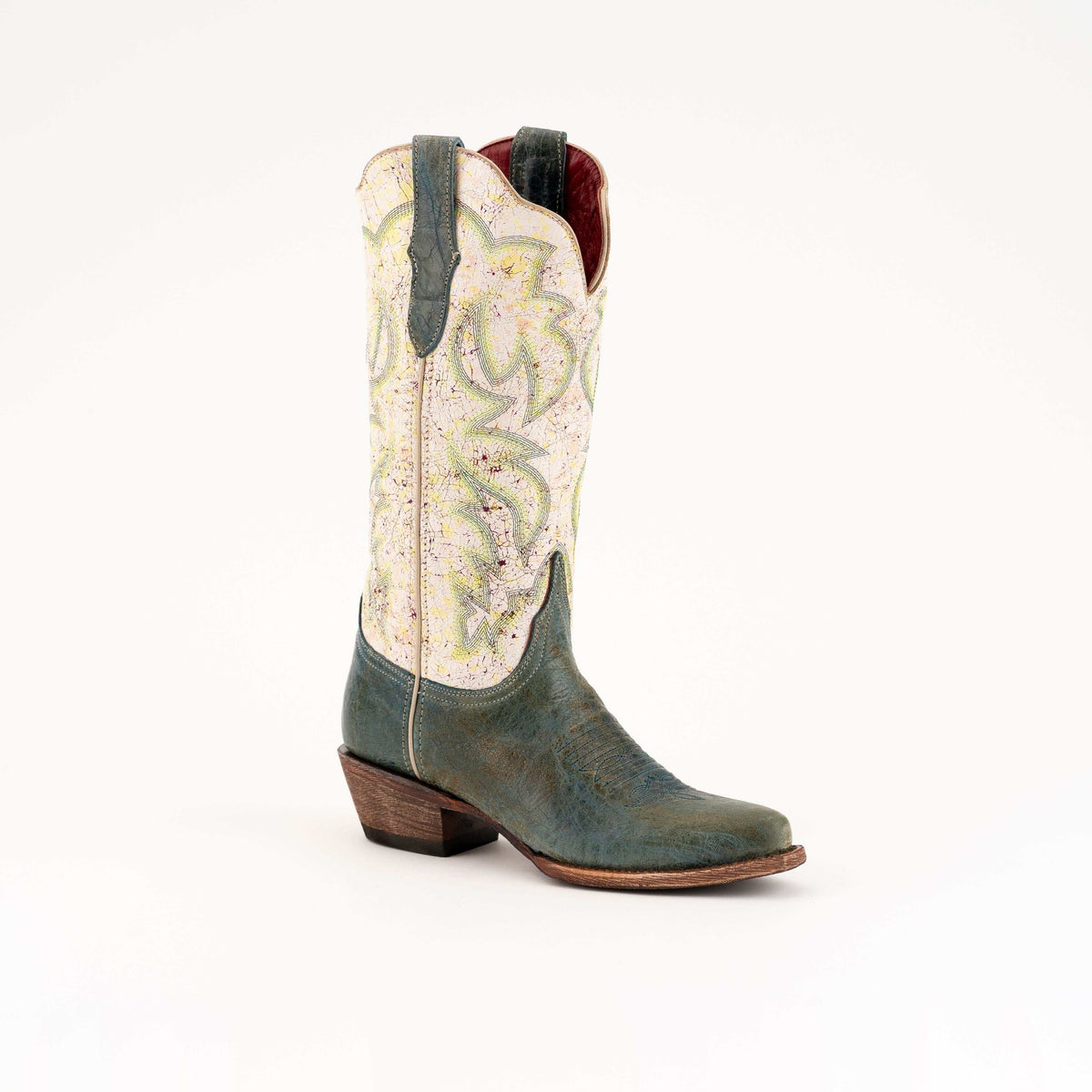 Women's teal Ferrini Candy leather boots with 2-inch cowboy heel and snip toe, handcrafted full grain leather
