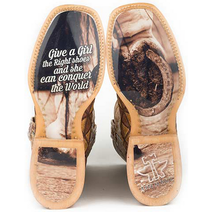 Women’s Tin Haul Don't Be Scared Boots W Conquer The World Sole Handmade Tan - yeehawcowboy