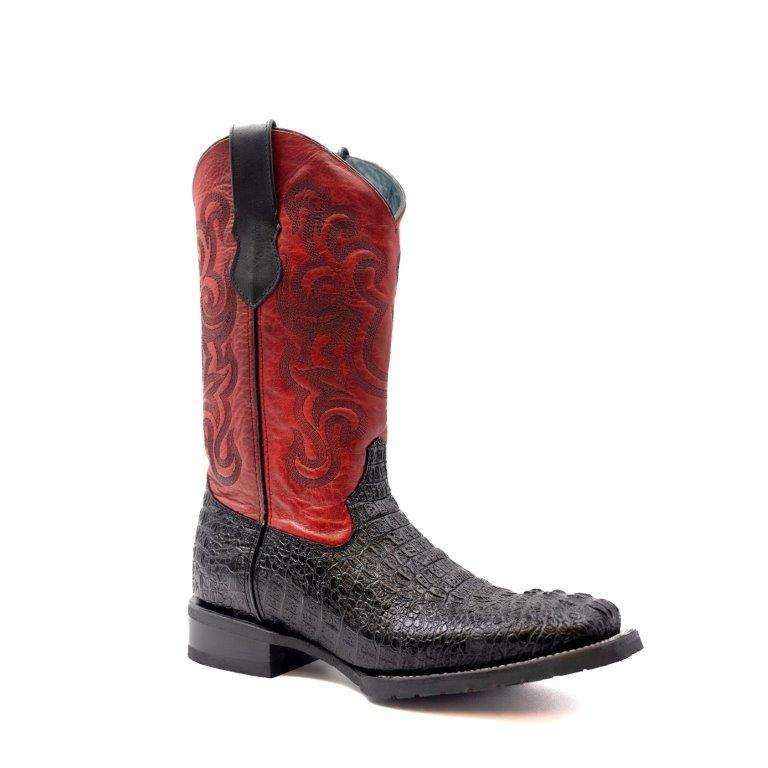 Men's Ferrini Stampede Caiman Crocodile print black handcrafted boots with square toe and 1.5" block heel