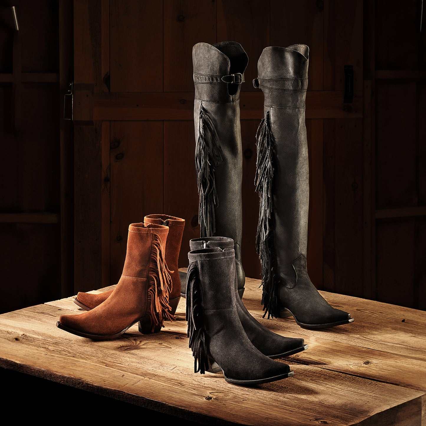 Women's Stetson Glam Boots black snip toe over-the-knee leather boots with fringe and stacked heel
