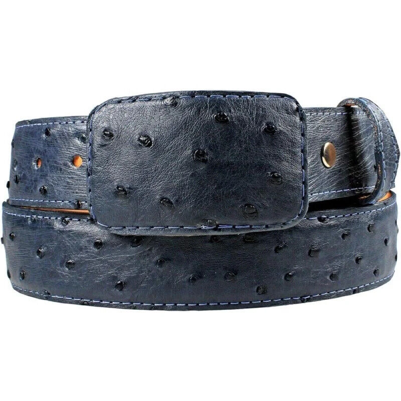White Diamond Ostrich Belt Blue Jean Leather Lining Genuine Handmade 1 1/2" Wide Removable Buckle