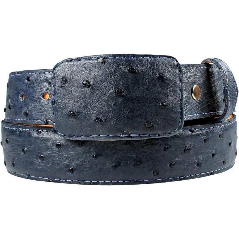 White Diamond Ostrich Belt Blue Jean Leather Lining Genuine Handmade 1 1/2" Wide Removable Buckle