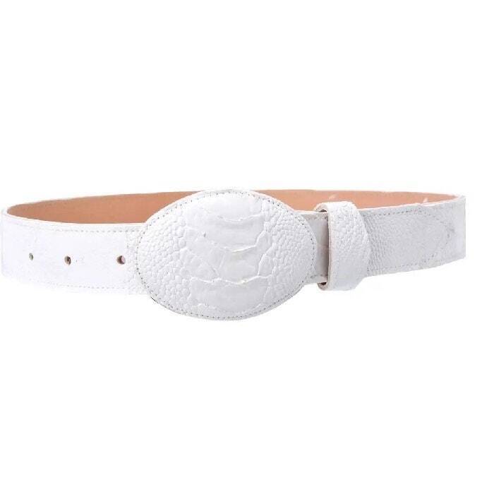White Diamond Ostrich Leg Belt White Leather Lining Genuine Handmade 1 1/2" Wide Removable Buckle
