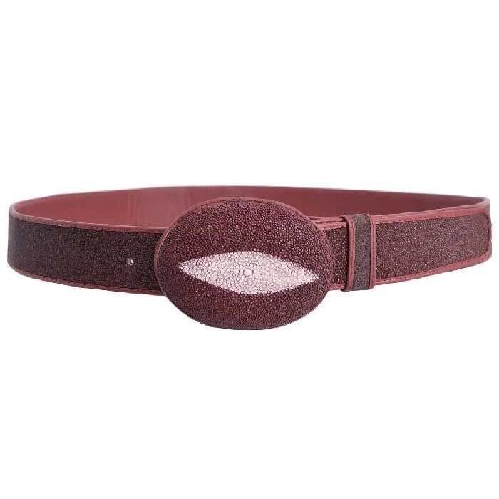 Handmade burgundy stingray belt with genuine leather lining and removable buckle, 1 1/2” wide