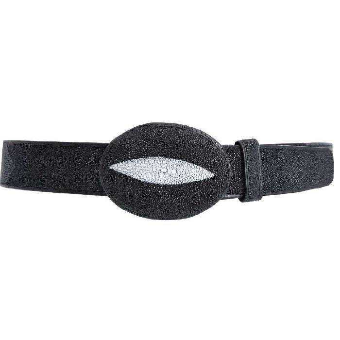 Black stingray belt with single stone, handmade genuine leather lining, 1 1/2” removable buckle