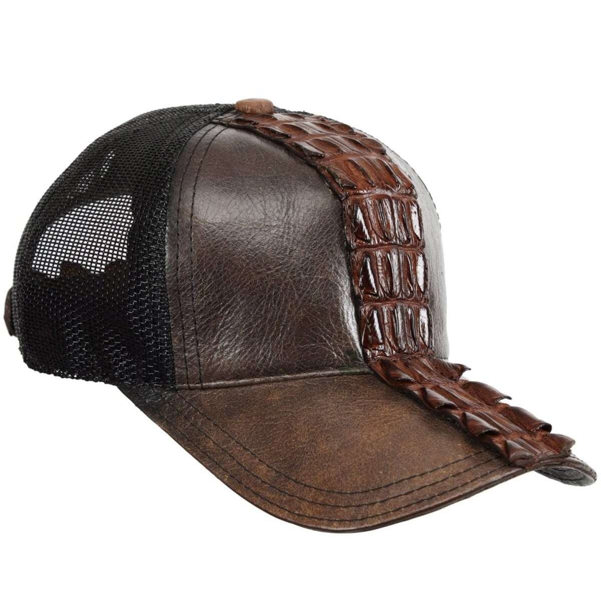 Handmade brown caiman crocodile leather cap with adjustable closure