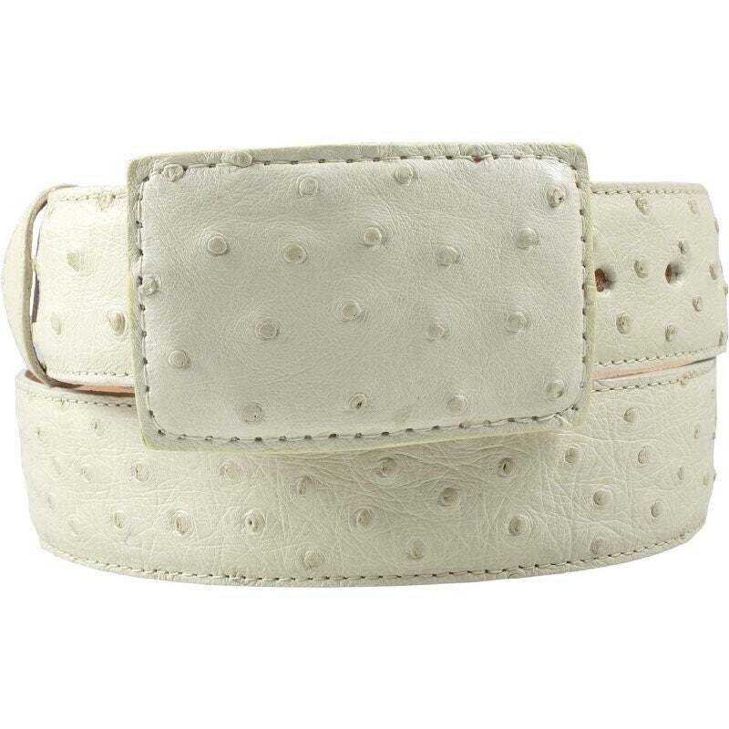 White Diamond Ostrich Belt handmade with genuine full quill ostrich skin and white leather lining, 1.5 inches wide