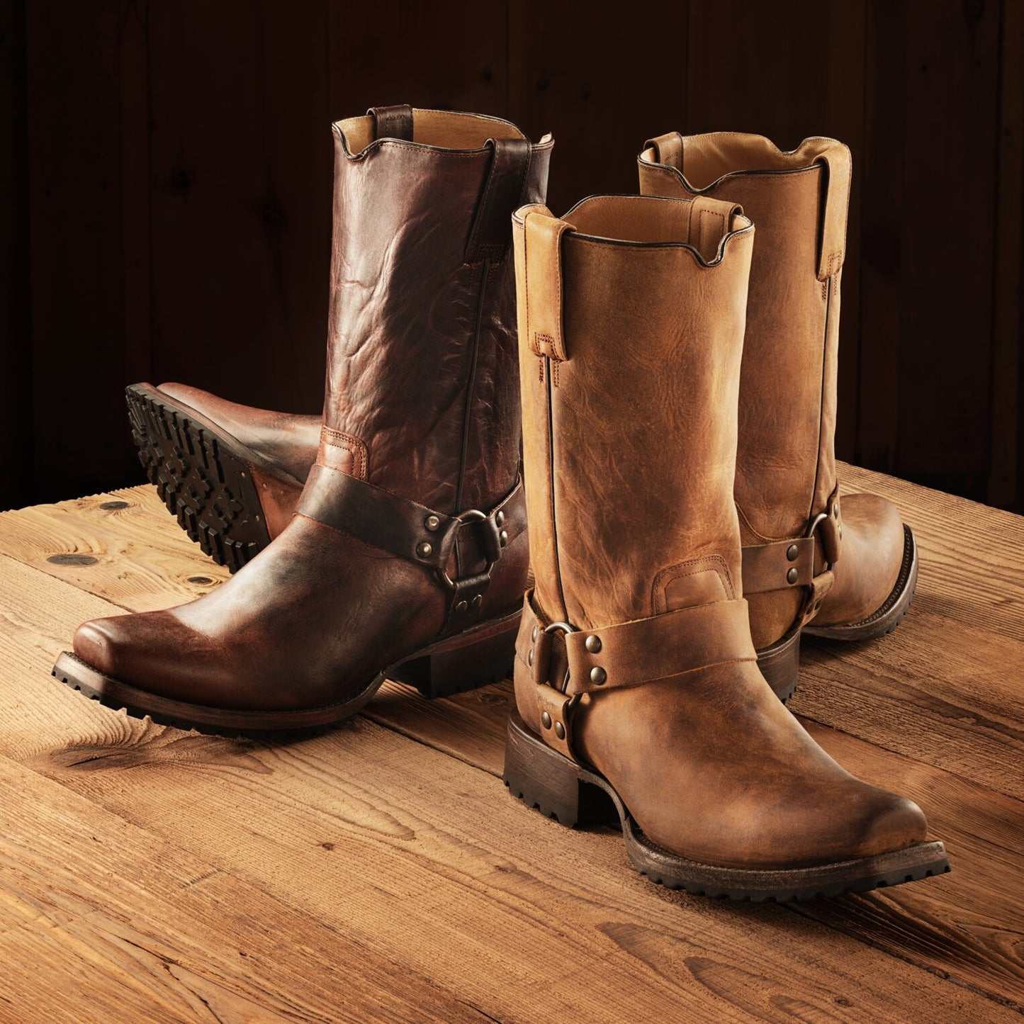 Men's Stetson Heritage Harness Biker Leather Boots handcrafted brown with 10" shaft and lug sole