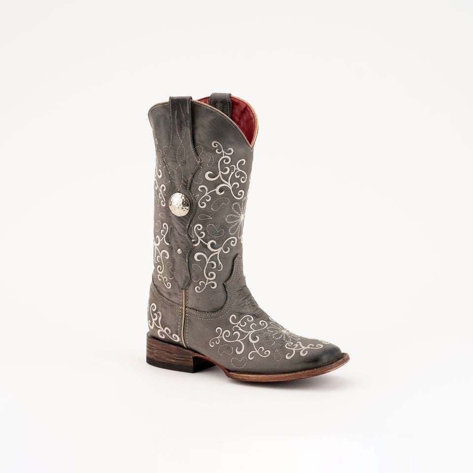 Women's Ferrini Bella leather boots in smoke color with 12" height and square toe handcrafted from full grain leather