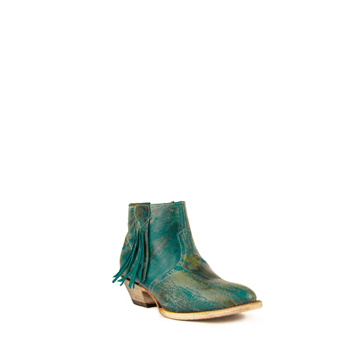 Turquoise women's Ferrini fringe leather boots with 1.5 inch cowboy heel and medium round toe