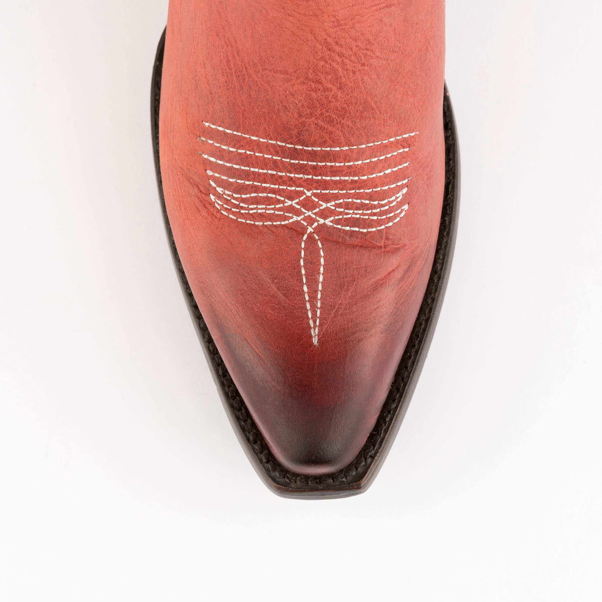 Ferrini Molly Leather Booties in red leather with a pointed toe and white decorative stitching across the vamp