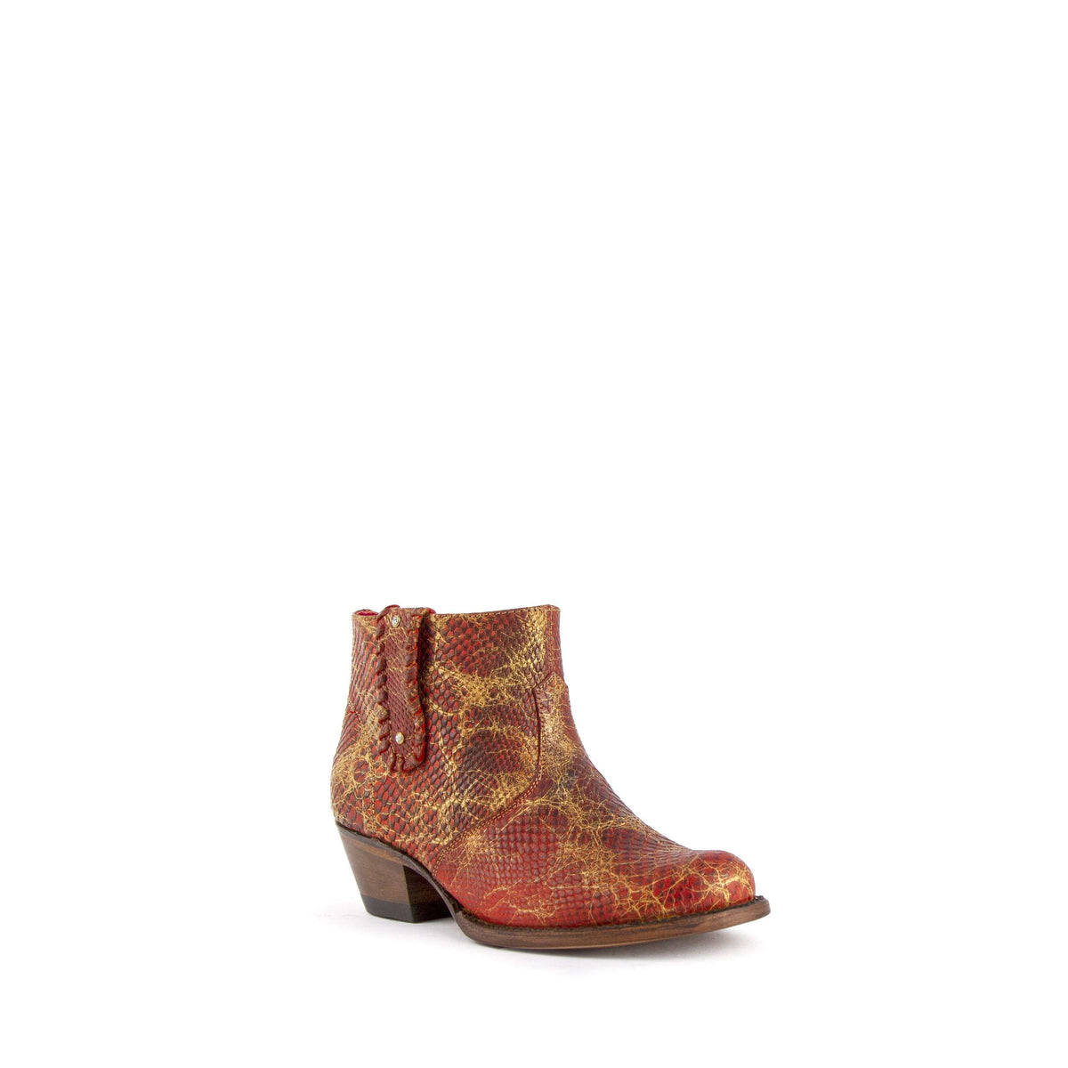 Women's handcrafted Ferrini Rebel Python Print Boots in red with 1.5" cowboy heel and cowhide snake print