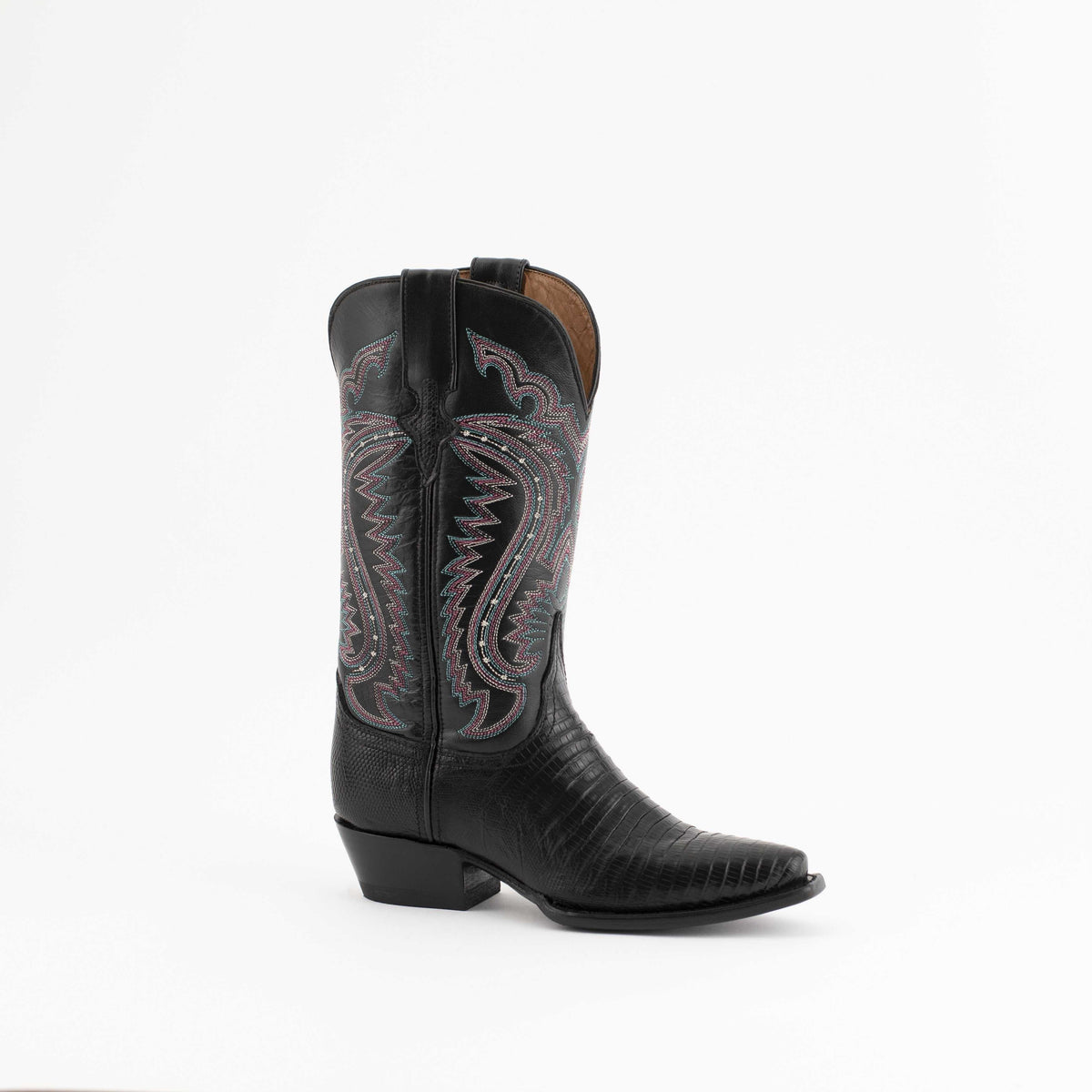 Women's Ferrini Taylor Teju Lizard black boots with 1.5-inch cowboy heel and snipped toe handcrafted leather outsole
