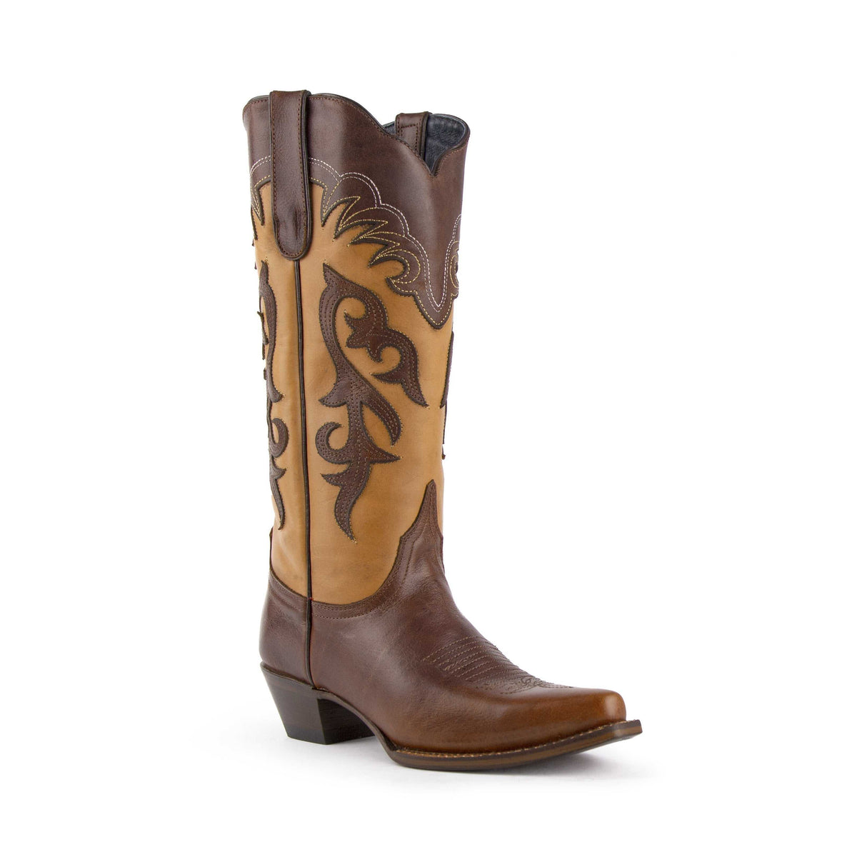 Women's Ferrini Legend Leather Boots handcrafted brown full grain leather with 1 1/2" cowboy heel and snipped toe