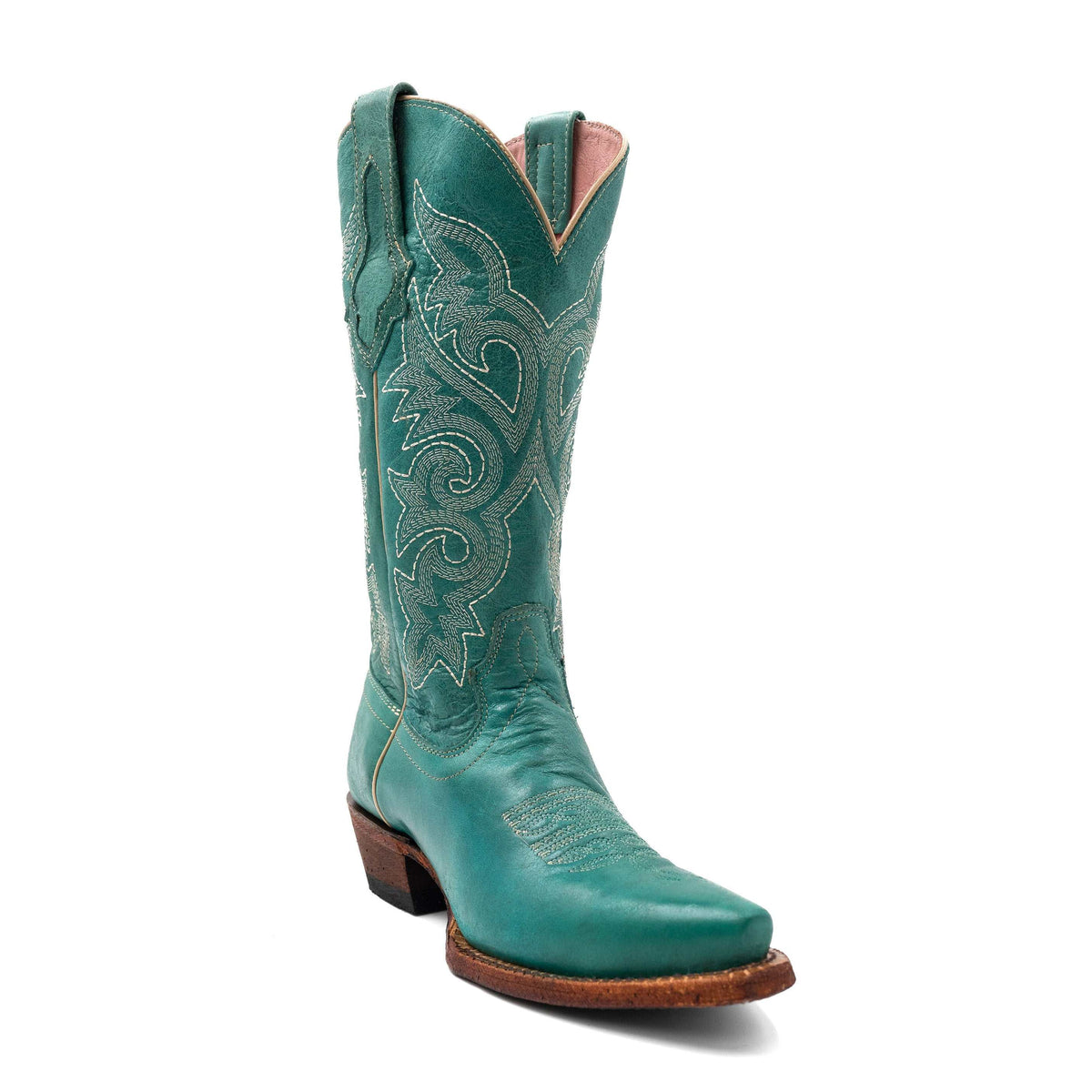 Turquoise Ferrini Mae leather boots with snip toe and 1.5-inch cowboy heel