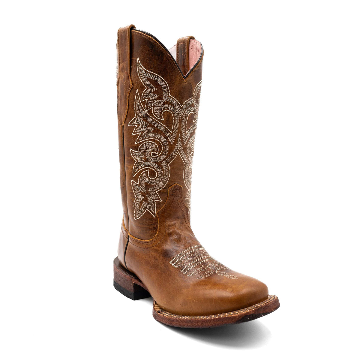 Women's Ferrini Mae handcrafted brown leather boots with 1.5-inch block heel and square toe
