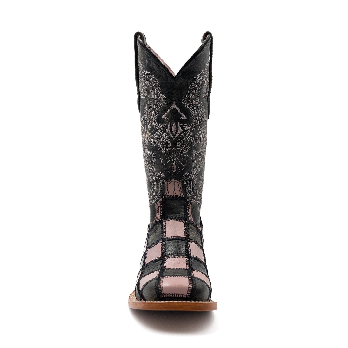 Botas de piel con parche Ferrini para mujer, hechas a mano, con punta cuadrada, color negro y rosa