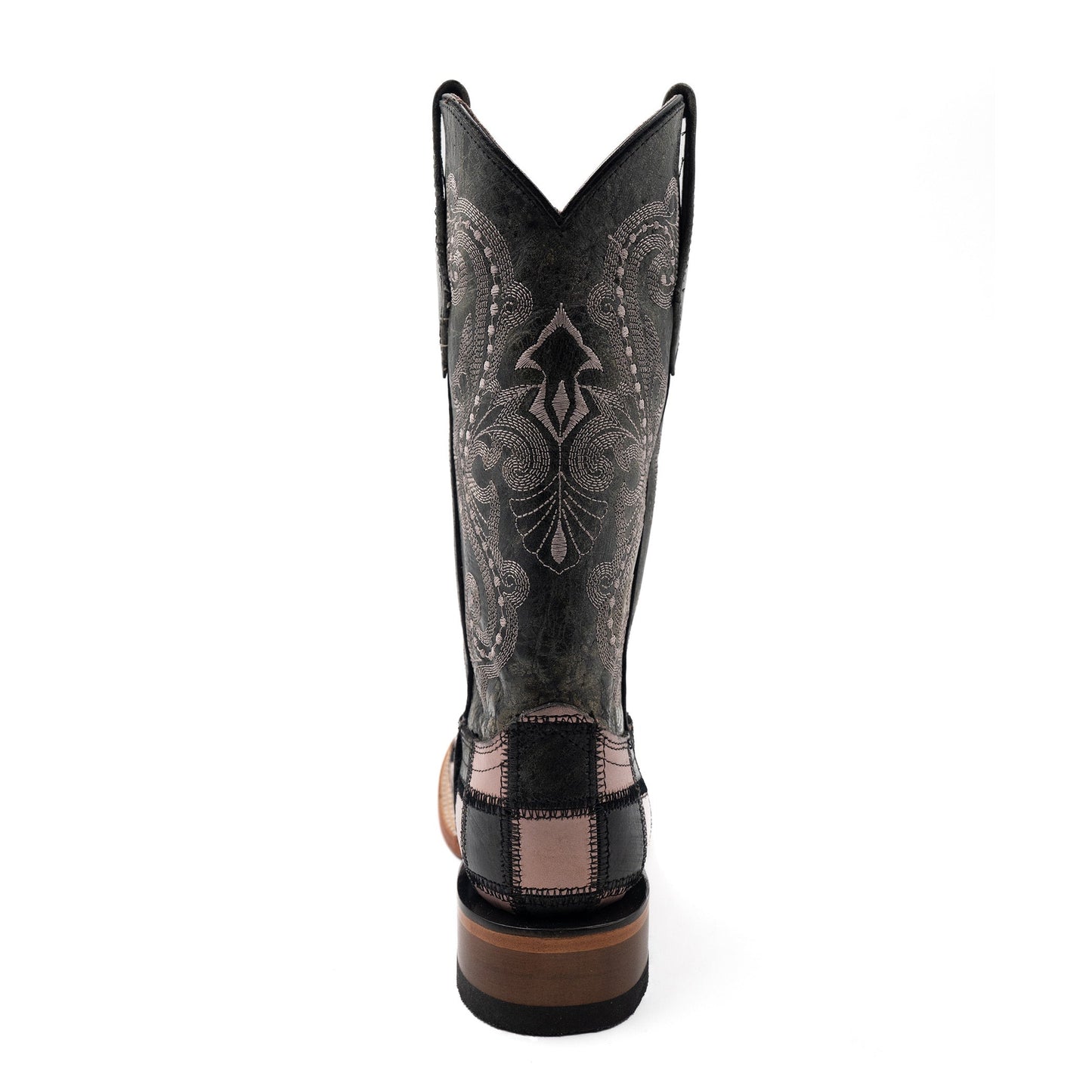 Botas de piel con parche Ferrini para mujer, hechas a mano, con punta cuadrada, color negro y rosa