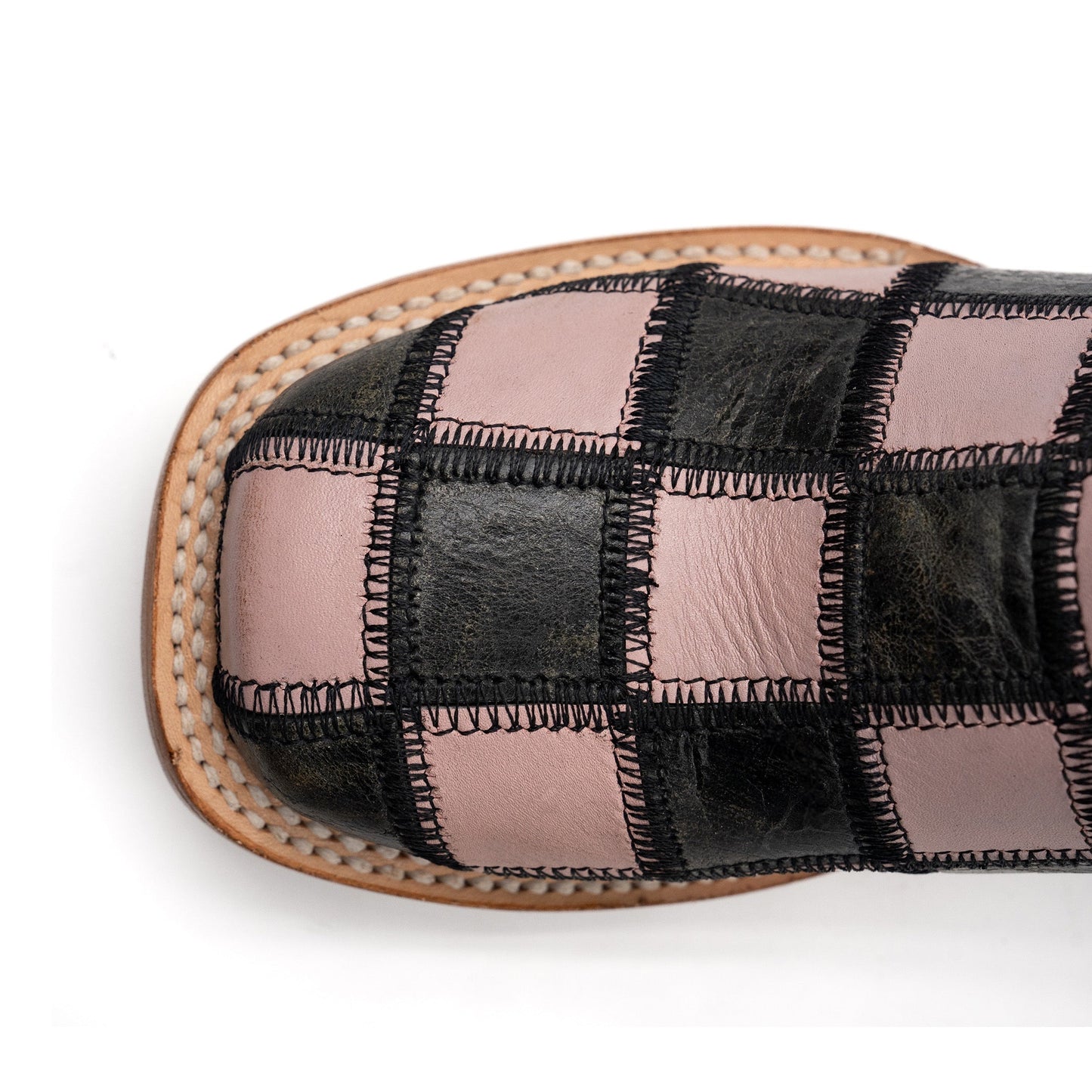 Botas de piel con parche Ferrini para mujer, hechas a mano, con punta cuadrada, color negro y rosa
