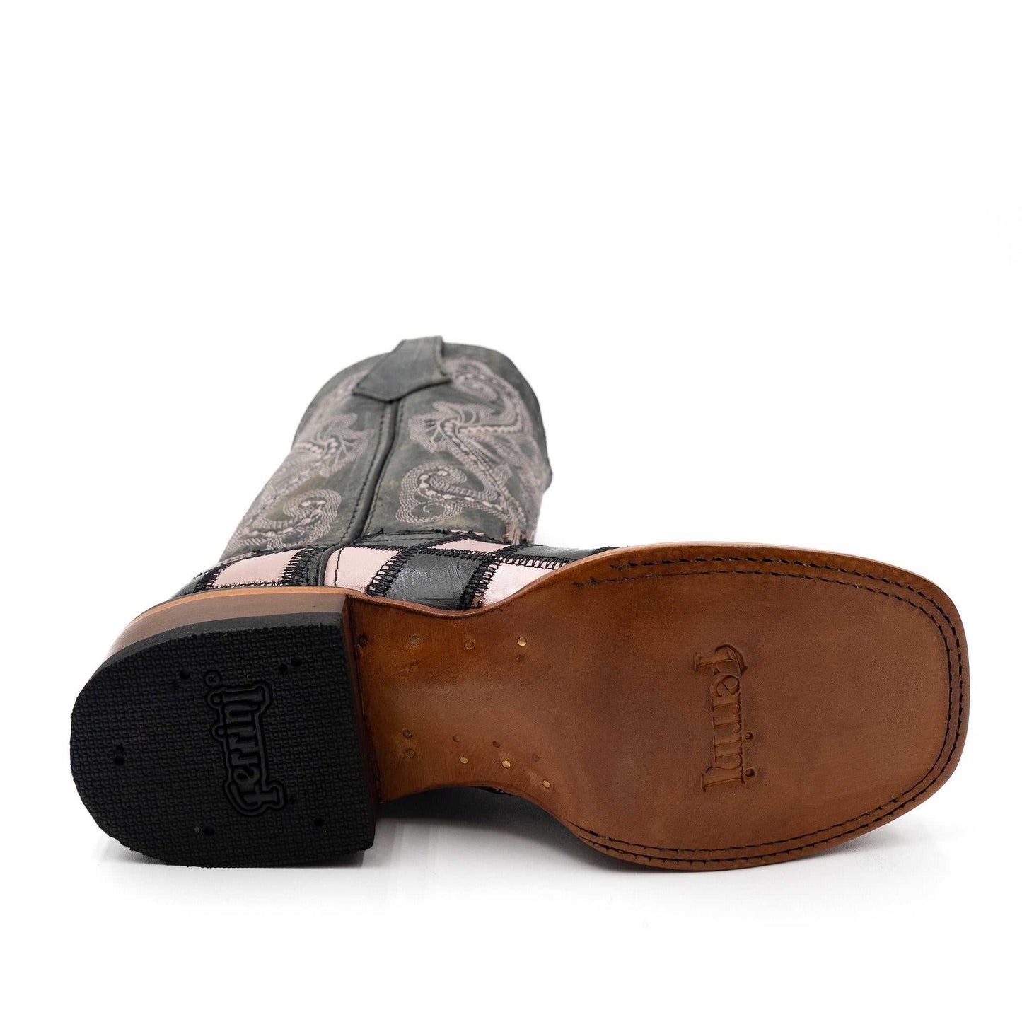 Botas Ferrini de piel con patchwork para mujer, hechas a mano, con punta cuadrada, color negro y rosa