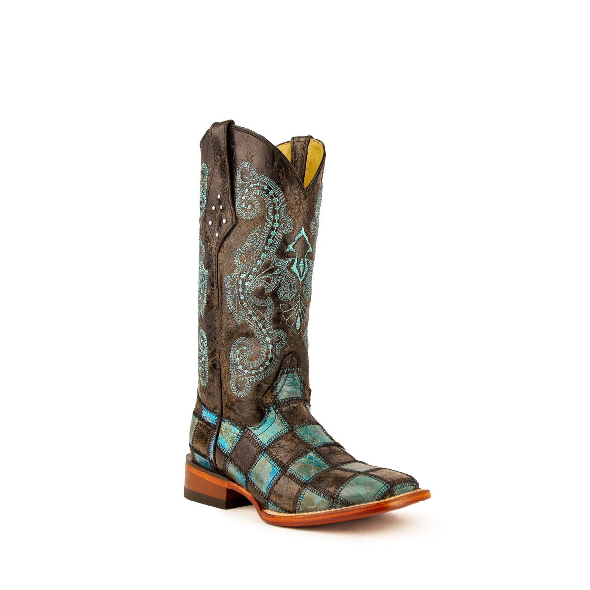 Women's Ferrini Patchwork Leather Boots in Black with Teal Accents and 1 3/4" Block Heel