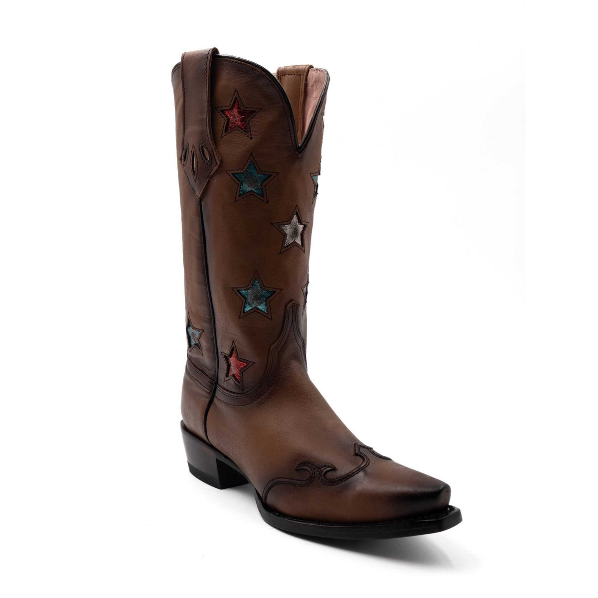 Women's Ferrini Estrella brandy leather snip toe boots with 1.5" cowboy heel and full grain leather vamp
