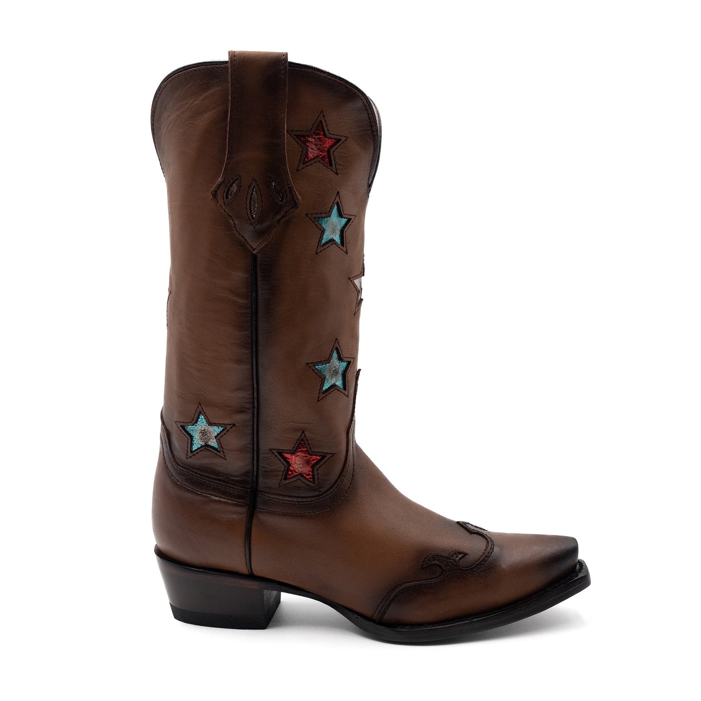 Women's Ferrini Estrella Leather Boots Handcrafted Snip Toe Brandy