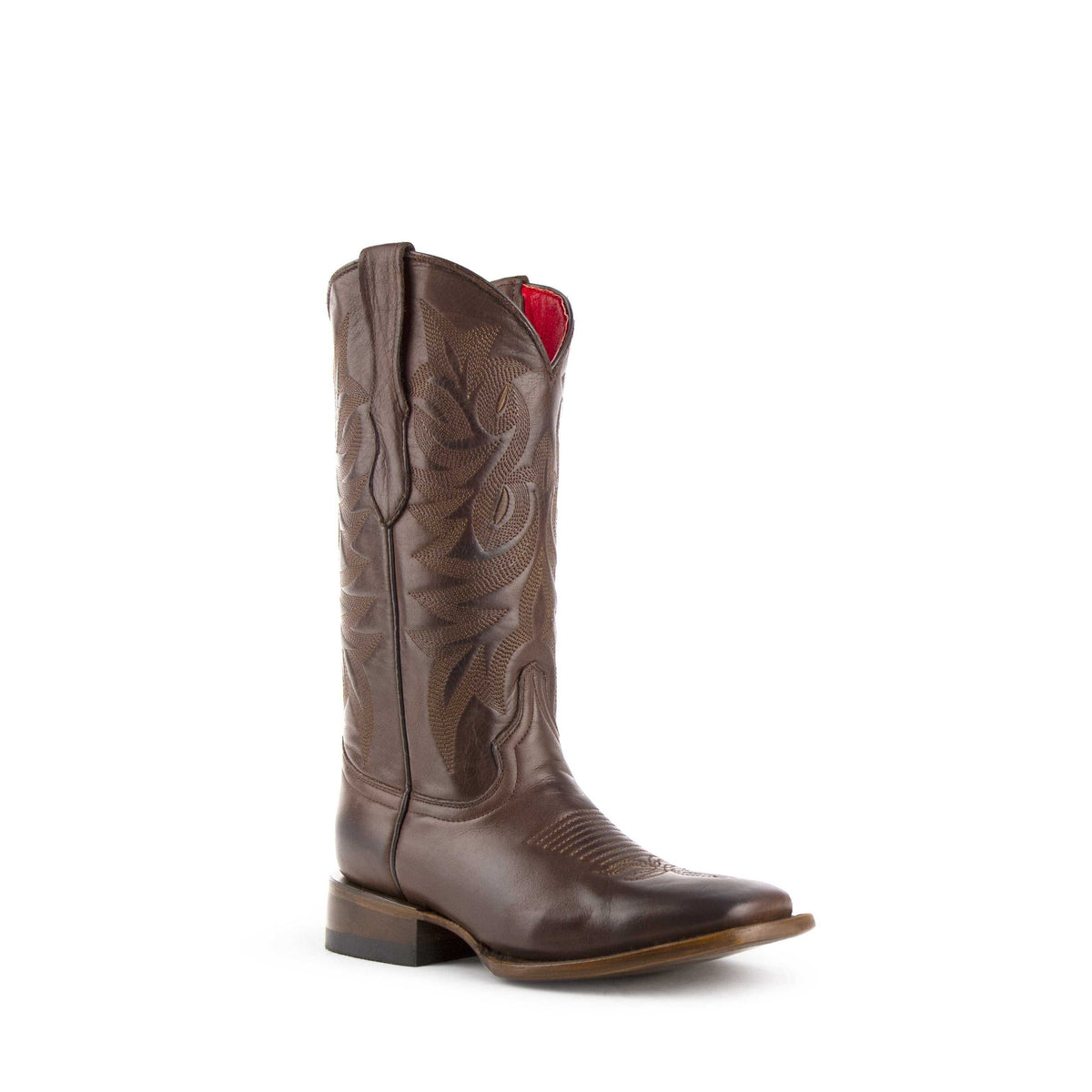 Women's Ferrini Jane Leather Boots in chocolate with 1 3/4" block heel and square toe, handcrafted full grain leather