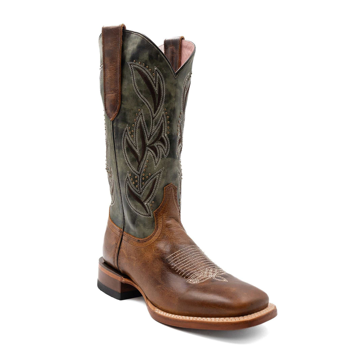 Women's Ferrini Maggie handcrafted brown leather boots with square toe and 1.5 inch block heel