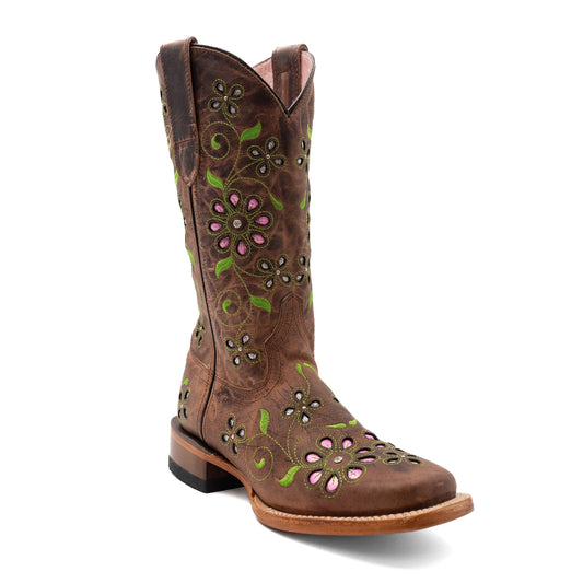 Women's Ferrini Blossom Leather Boots Handcrafted Square Toe Brown