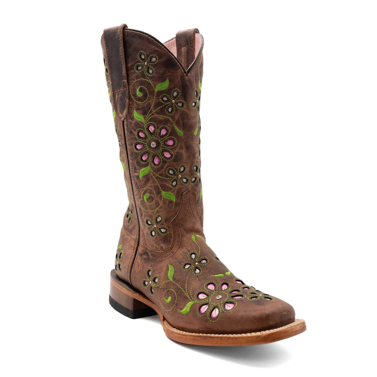 Women's Ferrini Blossom Leather Boots brown handcrafted square toe 12-inch height 1.5-inch block heel