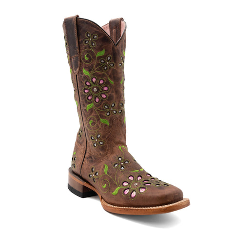 Botas Ferrini Blossom de piel para mujer, hechas a mano, con punta cuadrada, color marrón