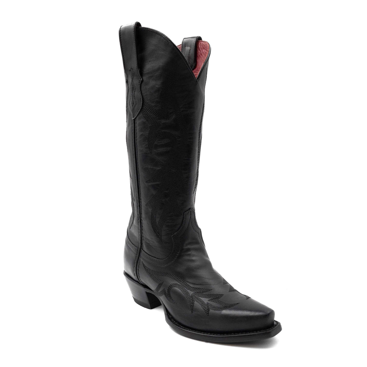 Black Ferrini Scarlett leather boots for women with 2-inch heel and snip toe, handcrafted full grain leather design