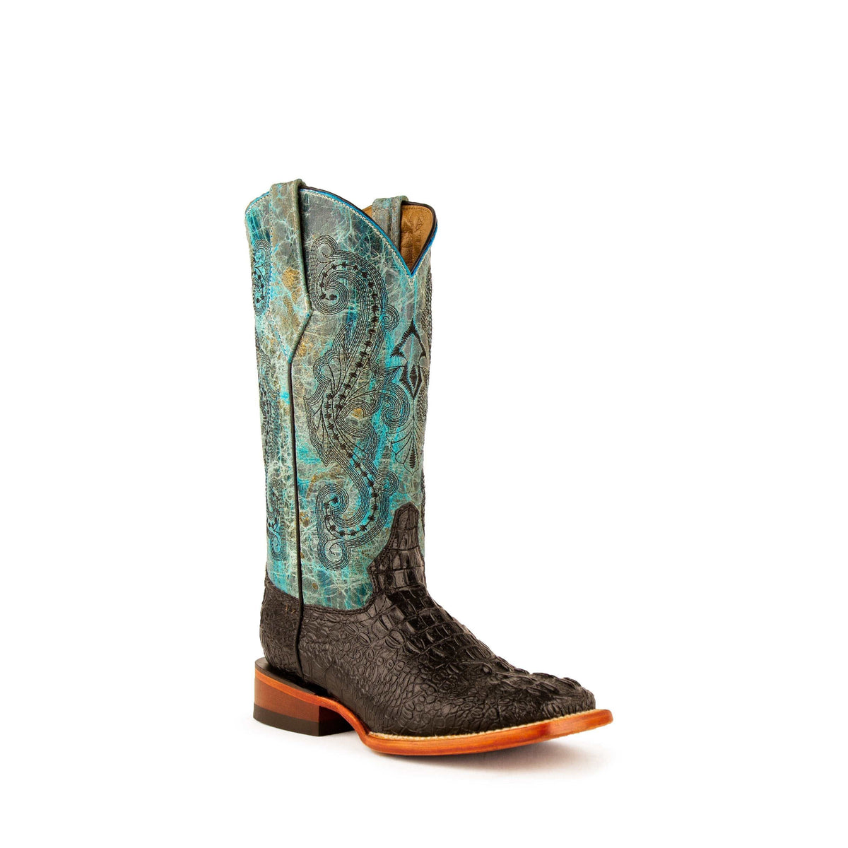 Women's Ferrini Stampede Caiman Print Black Teal Handcrafted Boots with 1 3/4" Block Heel and Square Toe