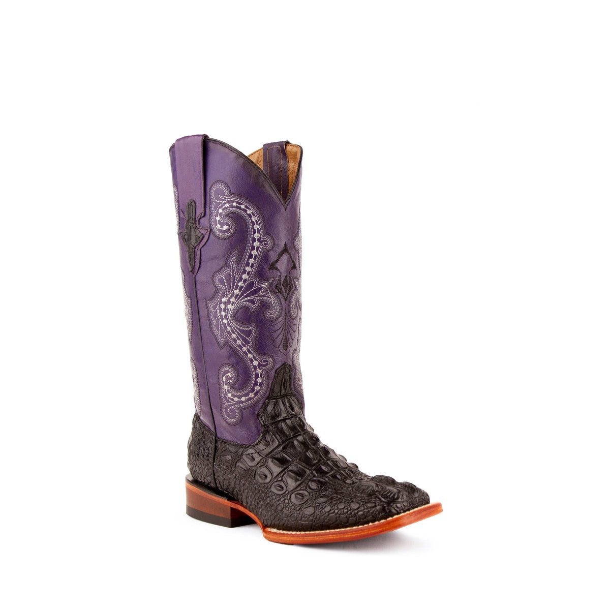 Women's Ferrini Rancher Caiman Print Boots in black handcrafted with hornback caiman cowhide print and 1 3/4" block heel